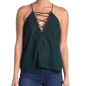 NWOT WAYF Dark Green Posie Strappy Lace Camisole Women's size Large Plunge Neck